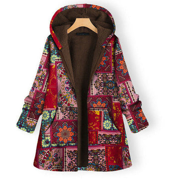 Vintage Floral Print Hooded Coat