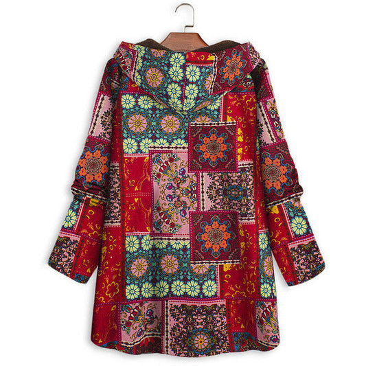 Vintage Floral Print Hooded Coat