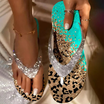 Leopard Print Rhinestone Beach Flip Flops