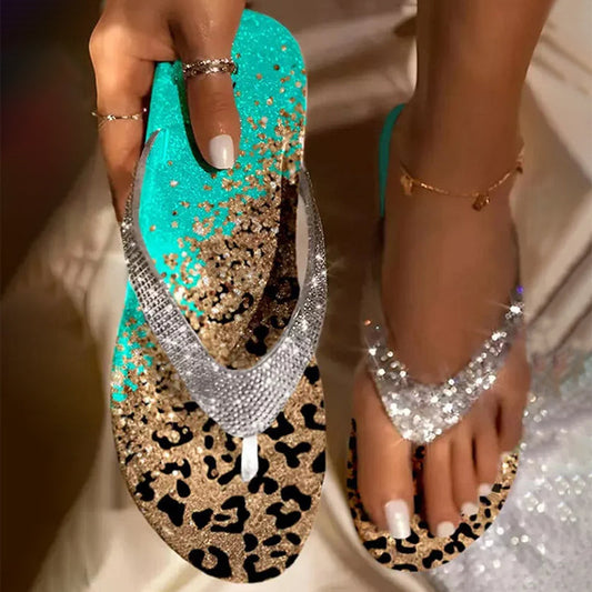 Leopard Print Rhinestone Beach Flip Flops